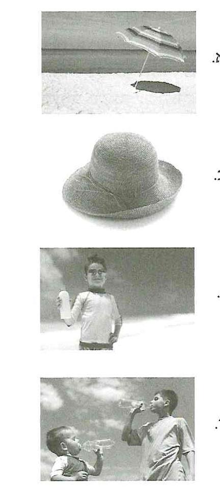 (בספר תמונות של (א) שמשיה, (ב) כובע, (ג) ילד מחזיק מקדם הגנה, (ד) ילדים שותים מים)